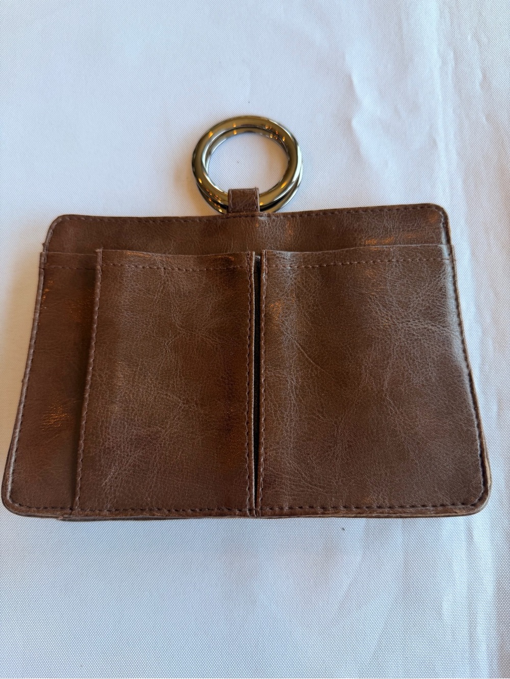 Pouchee Brown Leather Small Purse Organizer Card Holder Wristlet Ring Handles